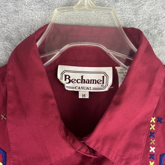 Bechamel Blouse M Red Native American Embroidery Metal Indian Head Buttons VTG - Picture 9 of 13